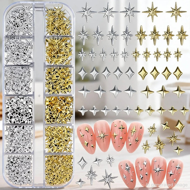 Golden & Silvery Metallic 3D Star Nail Art Charms and Gems - Mixed Styles for DIY Nail Decor, Hypoallergenic Manicure Jewelry2028