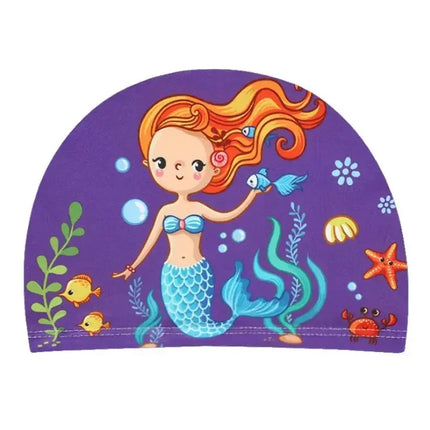 Kids Swim Cap Stretchy Fabric Cute Cartoon Long Hair Adorable Children Protect Ears Pool Hat for Boys and Girls