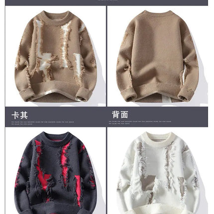 Ripped Sweater Men's Loose Crew Neck Knit Bottom Shirt Handsome Autumn Clothes on The Fashion  Sweater Pullover Sweater
