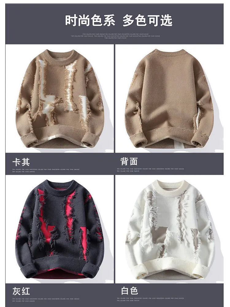 Ripped Sweater Men's Loose Crew Neck Knit Bottom Shirt Handsome Autumn Clothes on The Fashion  Sweater Pullover Sweater