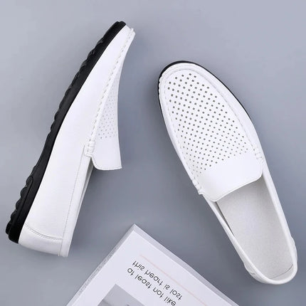 Mocassini da Uomo in Pelle Traforata Estivi Traspiranti Slip-On Taglie Grandi 38-47 Neri Bianchi Scarpe da Guida