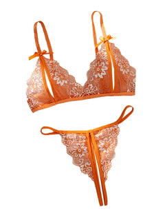 Floral Lace Bra Set Bow Intimates Bra And Thongs Sets Outfit Women's Underwear Set