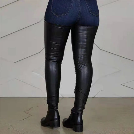 2025 Winter Over the Knee Women Boots European Platform Zipper Ladies Shoes Comfort Square High Heels Elastic Leather Long Boots PlatiNum