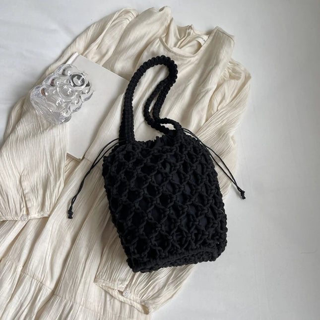 Women's Summer Beach Bag Knitted Net Rope Bucket Shoulder Bags Hollow Out Lattice Travel Shopper Bags Fashion Lady Handbag