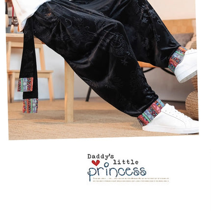Pantaloni da uomo Kung Fu Tai Chi Pantaloni casual tradizionali da uomo stile cinese retrò allentato fiore scuro drago stampa pantaloni a gamba larga da uomo