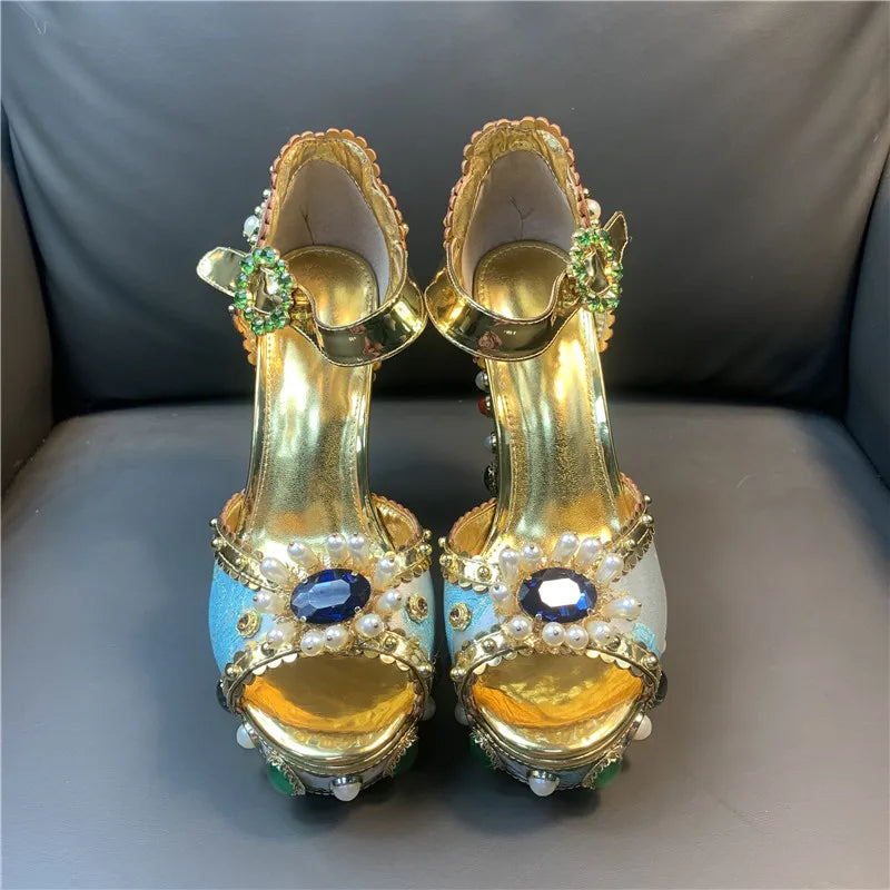 Women Chunky High Heels Shoes Platform Sandals For Women Rhinestone Metallic Gold Leather Shoes Woman Peep Toe Wedding Shoes