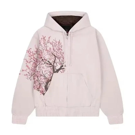Harajuku American Retro Sakura Embroidery Pink Hoodie Y2K Jacket Men Women Oversized Gothic Streetwear Casual Fashion Outerwear