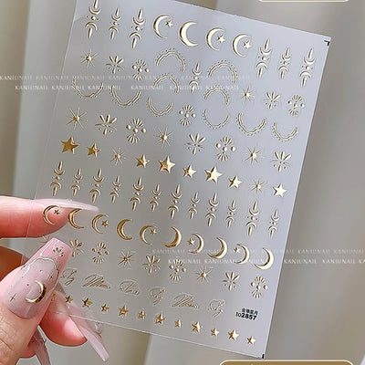 3D Bronzing Gold Moon Star Nail Art Stickers Retro Bohemia Sun Moon Star Nails Designs Self-Adhesive 3D Luxury Nail Decorations