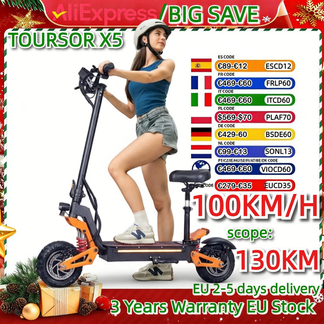 Monopattino Elettrico TOURSOR X5 6000W 60V-40AH per Adulti, Doppio Motore, Fuoristrada, Velocità Massima 100KM/H, Autonomia Massima 130KM, Design Pieghevole