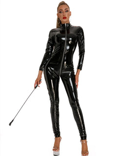 Sexy Lingerie Bodysuit, Shiny PVC & PU Leather Tight Corset Jumpsuit 3‑Zipper Crotch‑Open Glossy Wetlook Leather Outfit Sexy