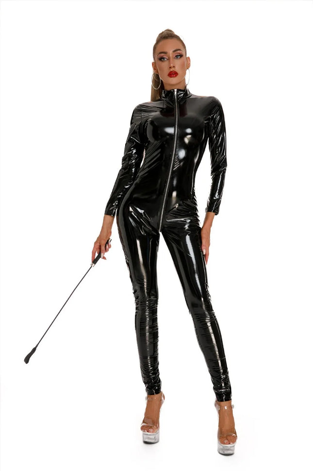 Sexy Lingerie Bodysuit, Shiny PVC & PU Leather Tight Corset Jumpsuit 3‑Zipper Crotch‑Open Glossy Wetlook Leather Outfit Sexy