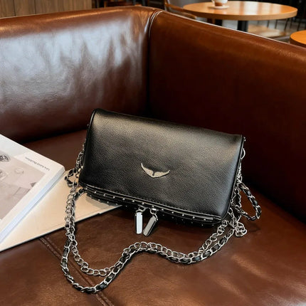 Luxury Crossbody Bag Solid Color PU Wing Logo Design Lightweight Magnetic Adjustable Chain Strap Handbag for Travel Commute PlatiNum
