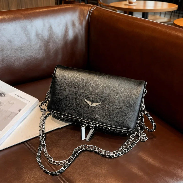 Luxury Crossbody Bag Solid Color PU Wing Logo Design Lightweight Magnetic Adjustable Chain Strap Handbag for Travel Commute PlatiNum