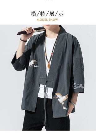 Camicie gru ricamate stile cinese retrò cotone lino Tang vestito Cardigan Mens tradizionale Kung Fu Tai Chi Casual Top camicette