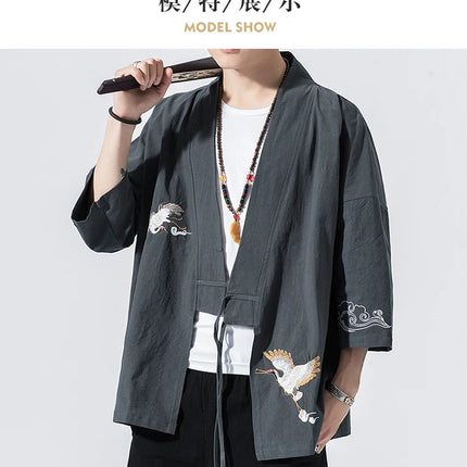 Camicie gru ricamate stile cinese retrò cotone lino Tang vestito Cardigan Mens tradizionale Kung Fu Tai Chi Casual Top camicette