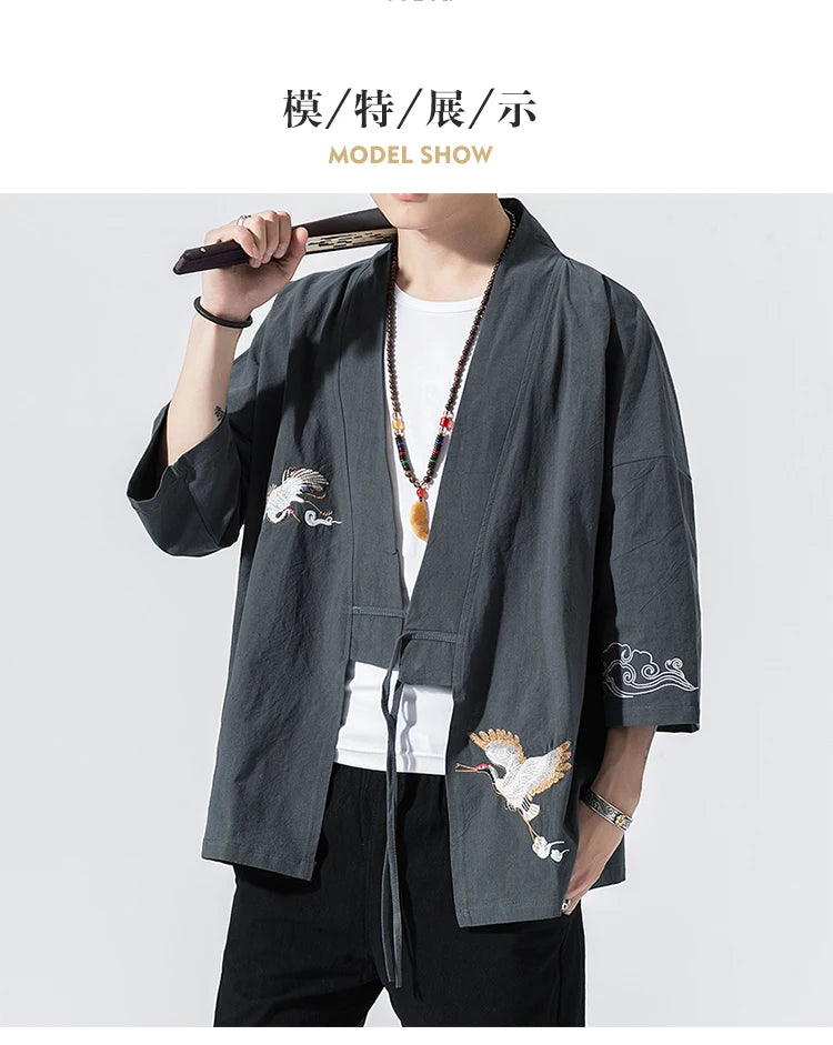 Camicie gru ricamate stile cinese retrò cotone lino Tang vestito Cardigan Mens tradizionale Kung Fu Tai Chi Casual Top camicette