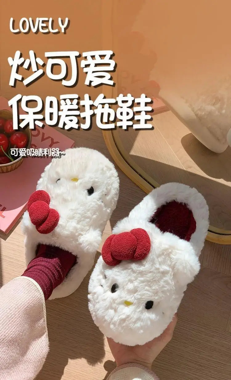 San-Rio Cute Girls Plush Slippers Cartoon Hello Kitty Winter Women Warm Cotton Shoes Female Kawaii Home Thick Sole Shoes Outdoor