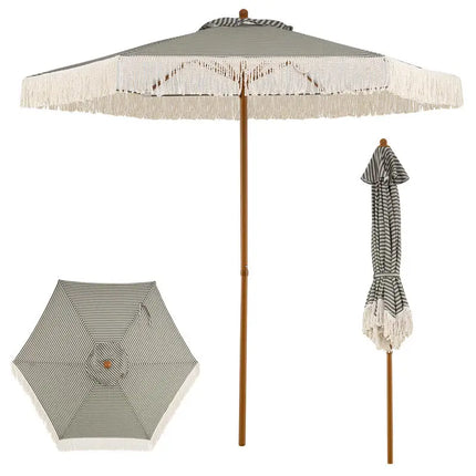 Parasol de terrasse de 2,1 mètres avec franges, parasol de plage de protection solaire avec pompons bohèmes - Vert