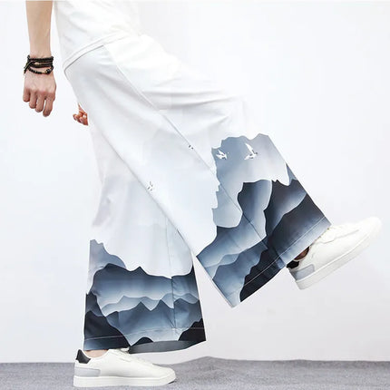 Nuovi Pantaloni da Uomo con Stampa Tradizionale a Gru, Stile Cinese Vintage, Pantaloni Harem Estivi, Pantaloni Larghi Hanfu Oversize da Uomo