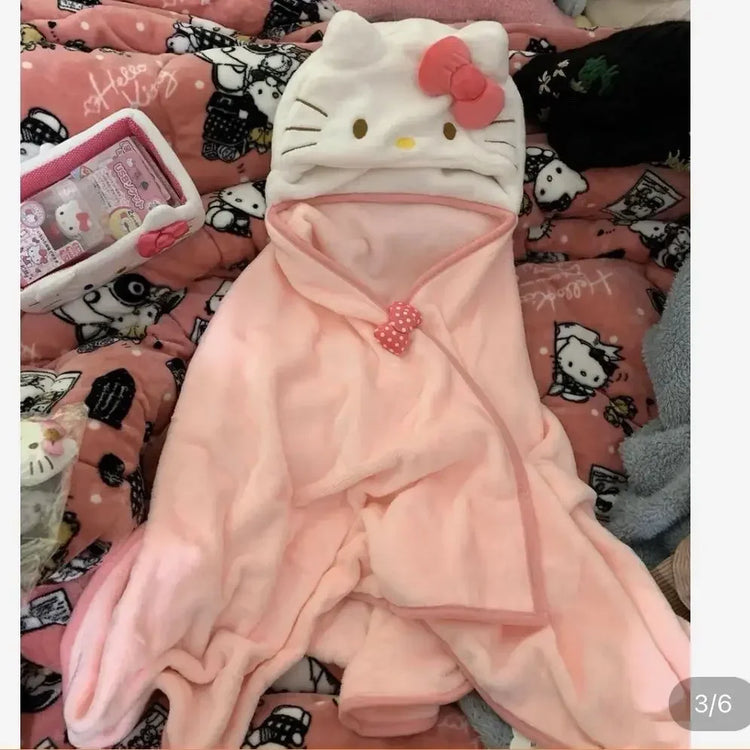 Hellokitty Air Conditioning Blanket Hooded Cute Cloak Student Dormitories Office Blanket Shawl Home Furnishings For Homemakers