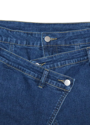 Jeans Larghi Vintage in Denim Lavato per Donna, Vita Alta con Asimmetrico Design Incrociato, Stile Y2K Streetwear Casual alla Moda
