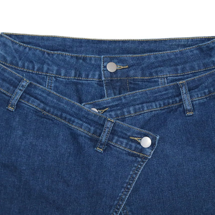 Jeans Larghi Vintage in Denim Lavato per Donna, Vita Alta con Asimmetrico Design Incrociato, Stile Y2K Streetwear Casual alla Moda