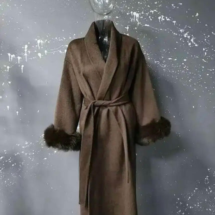 UCXQ Elegant Woolen Coat Temperament Office Lady Overcoats Fur Patchwork Long Sleeve Beautiful Women's Coats 2025 Winter New