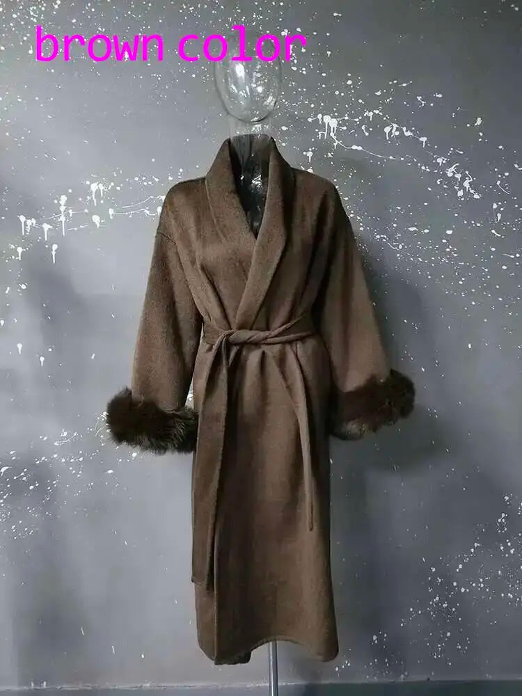 UCXQ Elegant Woolen Coat Temperament Office Lady Overcoats Fur Patchwork Long Sleeve Beautiful Women's Coats 2025 Winter New
