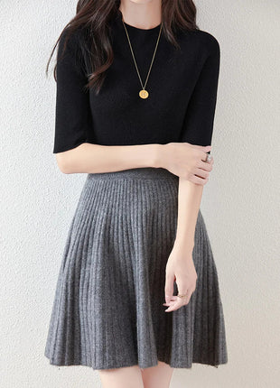 Preppy Style women's 100% Merino Wool Skirts Autumn Winter Pleated Skirt Cashmere Knitwear Short A-Line Above Knee Skirt PlatiNum