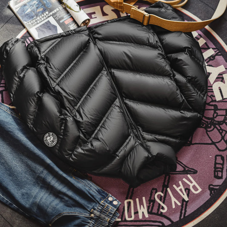 Maden Men's 90% White Duck Down Jacket Black Stand Collar Short Quilted Puffer Jacket Thermal Coat for Winter Streetwear