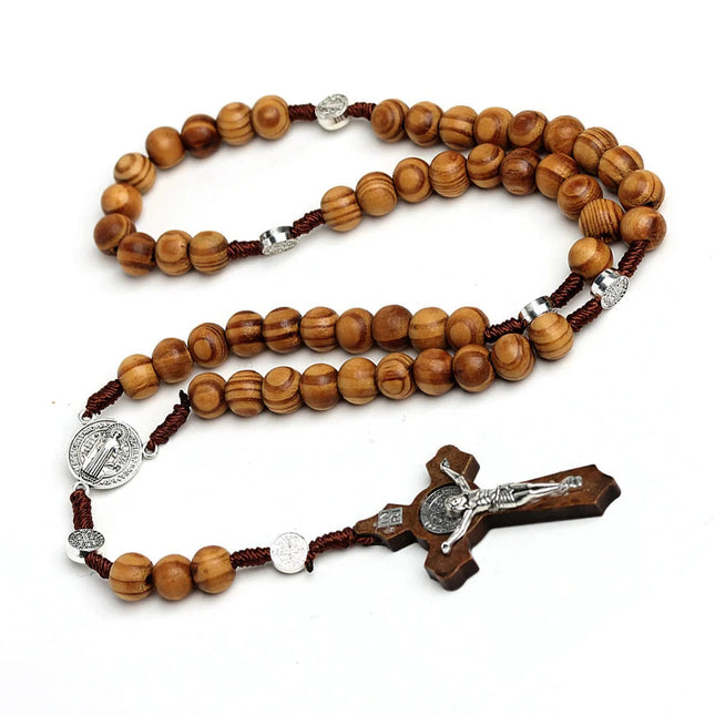 Collana con croce di rosario con perline di legno da 10 mm per donna uomo cristiano Vergine Maria INRI catena con ciondolo gioielli religiosi di moda PlatiNum