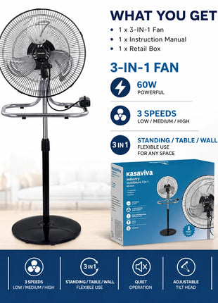 Ventilatore in metallo 50W 3 in 1 regolabile in altezza, da pavimento, tavolo e parete, fino a 130 cm, per uso domestico