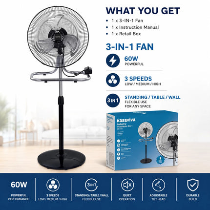Ventilatore in metallo 50W 3 in 1 regolabile in altezza, da pavimento, tavolo e parete, fino a 130 cm, per uso domestico