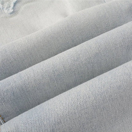 Men Pale Light Blue Biker Jeans Cracked Pleated Patch Patchwork Stretch Denim Pants Streetwear Holes Ripped Skinny Trousers PlatiNum