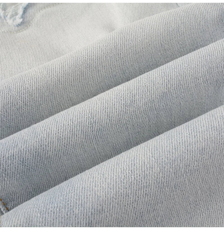 Men Pale Light Blue Biker Jeans Cracked Pleated Patch Patchwork Stretch Denim Pants Streetwear Holes Ripped Skinny Trousers PlatiNum