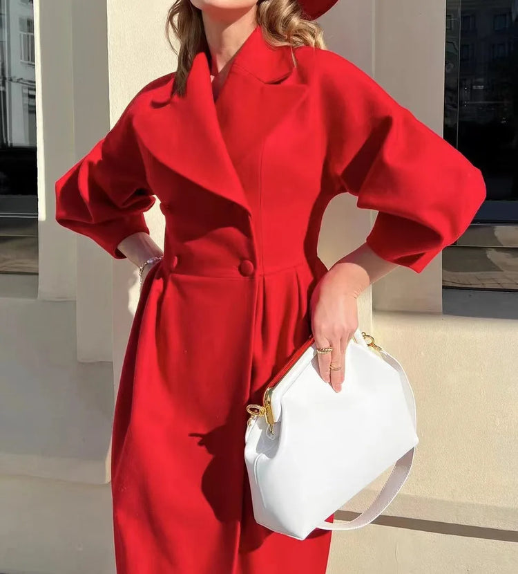 European American Retro Court Style Wool Coat, Long Length with Big Lapel & Lantern Sleeves, New Autumn Winter Outerwear