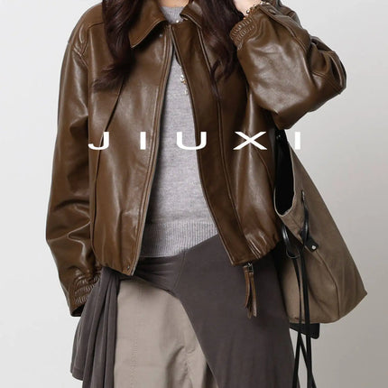 Soft Sheepskin Genuine Leather Cropped Jacket Women Lapel Zip Up Snap Button Side Pockets Casual Autumn Real Leather Outerwear
