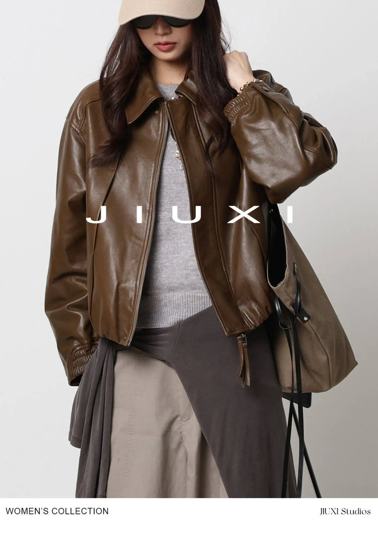 Soft Sheepskin Genuine Leather Cropped Jacket Women Lapel Zip Up Snap Button Side Pockets Casual Autumn Real Leather Outerwear