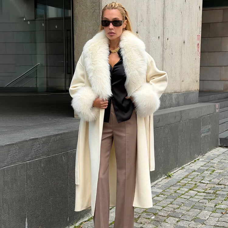 TARUXY Women Luxurious Faux Fox Fur Collar Long Jacket Elegant Solid Long-Sleeved Loose Lace Up Street Warm Coat 2026 Winter New