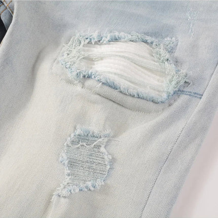 Men Pale Light Blue Biker Jeans Cracked Pleated Patch Patchwork Stretch Denim Pants Streetwear Holes Ripped Skinny Trousers PlatiNum