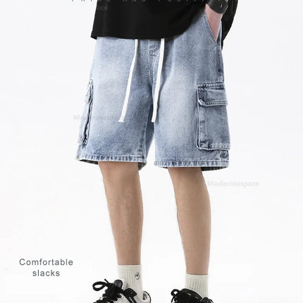 Pantaloncini di jeans alla moda retrò estivi per uomo Jeans corti multitasche larghi con gamba dritta con elastico in vita e coulisse da uomo