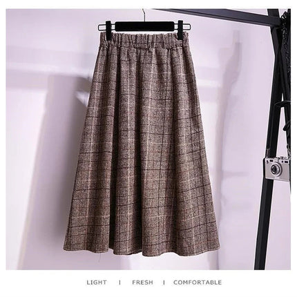Large Size Women's Autumn Winter Elastic Waist A-line Skirt Woman Skirts Faldas Jupe Korean Retro Plaid Mid-Long Skirts Size 4XL PlatiNum