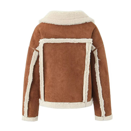  YENKYE Retro Horn Button Faux Suede Lambswool Jacket Coat For Women Lapel Collar Long Sleeve Autumn Winter Warm Outerwear