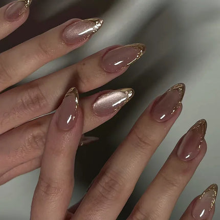 24Pcs Medium Almond Nude‑Pink 3D Textured Metallic Cat‑Eye French Sheer Press‑On False Nails For Nail Art Decor