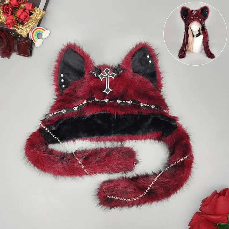 Y2K Gothic Punk Cat Ear Hat with Cross Wing Chain Decoration Plush Warm Winter Subculture Goth Rock Musi Cap Bombero Gorro Ruso