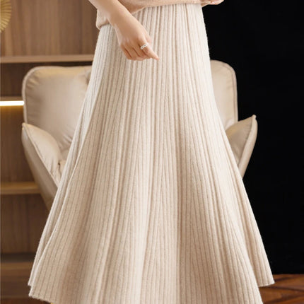 Elegant Women's Pleated Skirt 100% Merino Wool Skirt A-Line Long Skirt Soft Warm Autumn Winter Dress Slim Elastic Waist Office PlatiNum