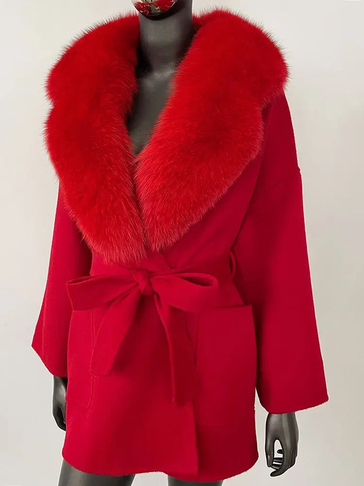 CXFS 2025 Winter Fashion Women Double-sided Wool Cashmere Coat with Detachable Natural Fox Fur Collar New design suit collar