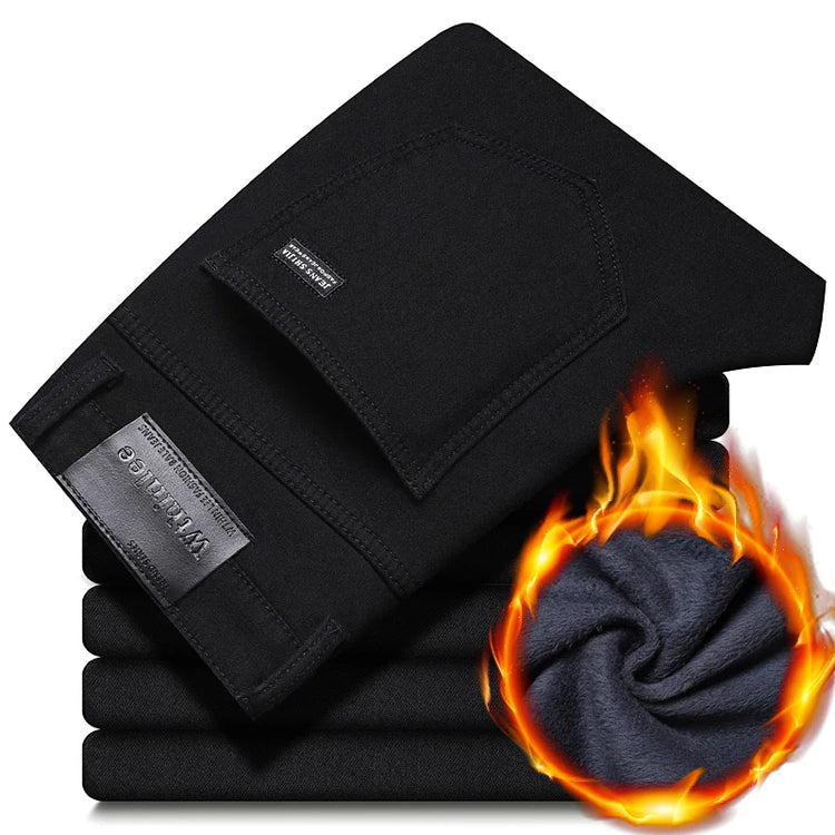 Winter Men's Slim Straight Elastic Denim Pants Casual Male Clothing Fashion Plush Trousers Pure Black Fleece Thick Warm Jeans