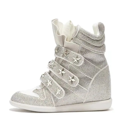 Women Rhinestone High Top Sneakers Hidden Wedge Heel Shoes Star Decor Hook & Loop Fashion Platform Ankle Boots