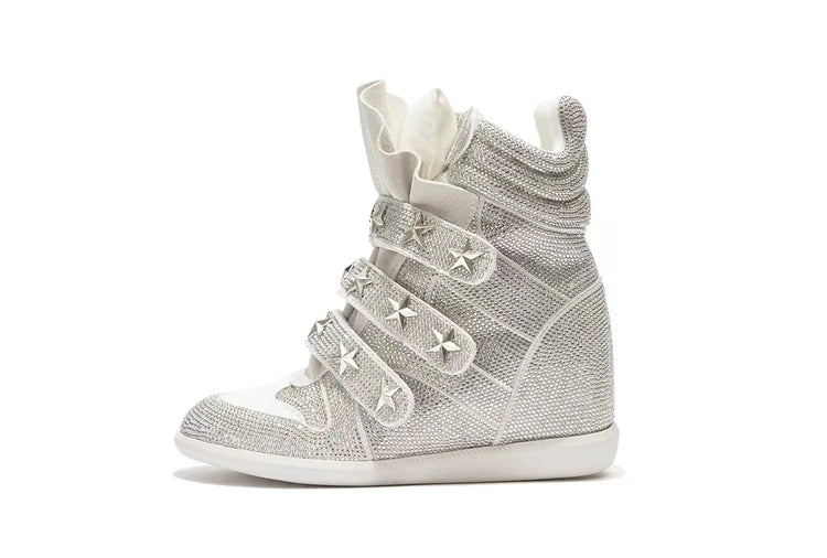 Women Rhinestone High Top Sneakers Hidden Wedge Heel Shoes Star Decor Hook & Loop Fashion Platform Ankle Boots
